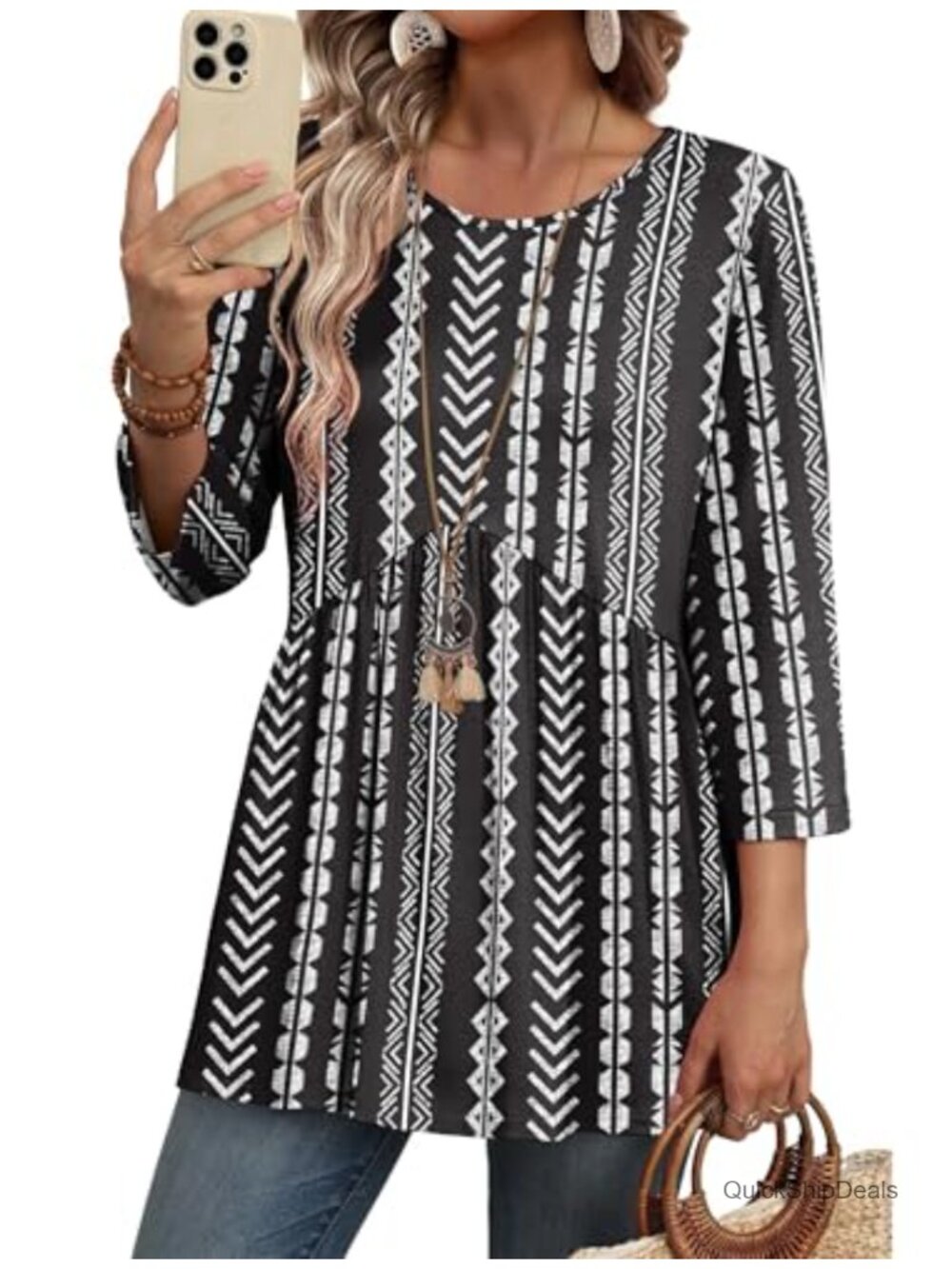 Womens 3/4 Sleeve Babydoll Tunic Top Flowy Loose Fit Peasant Blouse